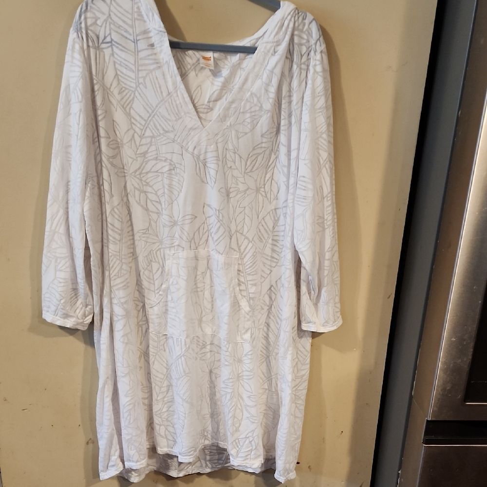 Tropical Escape White Embellished Tunic Coverup Lightweight Hoodie Top 3X